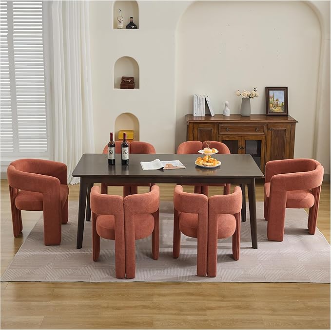 Modern Barrel Dining Chairs Set of 3, Upholstered Linen Dining Room Chair with Wooden Legs, Accent Chairs for Kitchen/Dining Room/Living Room,Orange