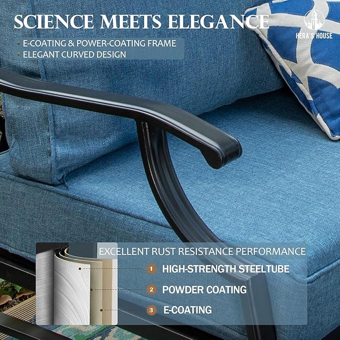 HERA'S HOUSE 4 Piece Patio Furniture Set, 2 x Rocking Metal Frame Cushioned Chair, 3-Seat Sofa with Marbling Coffee Table, Outdoor Conversation Set for Lawn Garden Backyard Poolside, Navy Blue