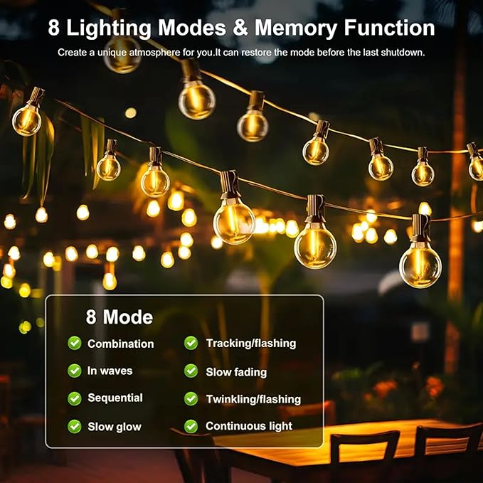 G40 Solar String Lights Outdoor with Remote 100 FT, USB & Solar Dual Charging, Waterproof, 8 Modes 3 Timers, 34+3 LED Globe Shatterproof Bulbs, Dimmable Solar Light for Camping Backyard Porch Garden