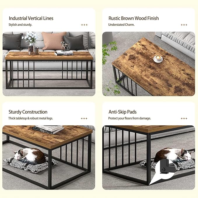 FOLUBAN Coffee Table, Modern Wood and Metal Living Room Table, Industrial Rectangle Cocktail Tea Table, Rustic Brown, 43.3 Inch