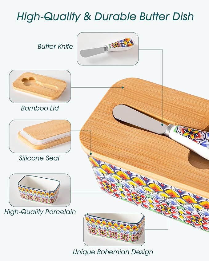 vancasso SIMI Butter Dish with Lid, 6.5" Large Butter Dish for Countertop, Bohemian Ceramic Butter Keeper Container with Knife and Bamboo Lid, Butter Holder for Counter, Golden Bloom