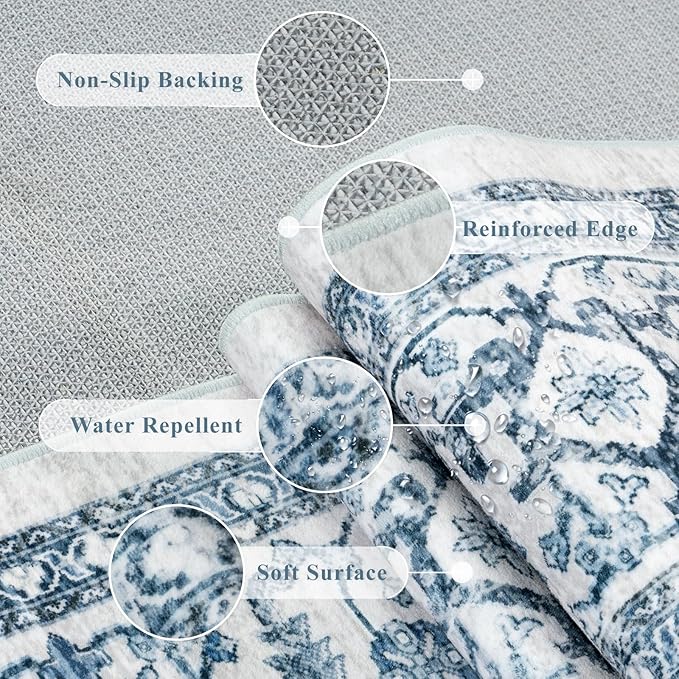 LIVEBOX Blue Washable Area Rug 5x7 - Large Vintage Tribal Living Room Non-Slip Indoor Carpet for Bedroom, Low-Pile Retro Print Distressed Accent for Nursery Entryway Office