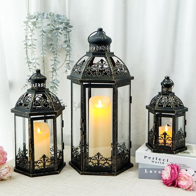 TRIROCKS Large Set of 3 Decorative Lanterns 19''&13.5''&9.5" H Vintage Hanging Lantern Metal Candleholder with Tempered Glass for Indoor Outdoor Home Decor Parties Garden(Black with Gold Brush)