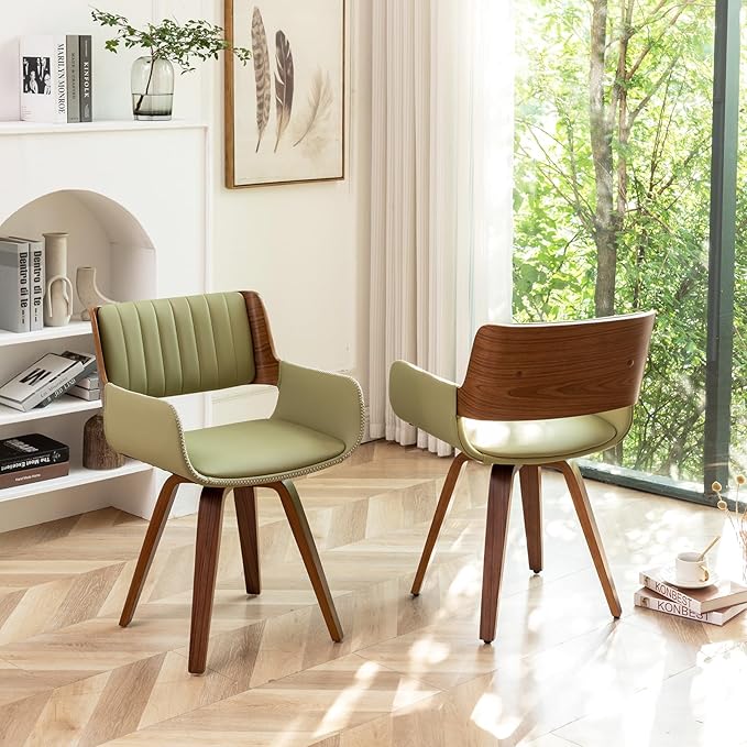 LUNLING Mid Century Modern Dining Chairs Set of 2,Swivel Accent Faux Leather Desk Chairs, with Wooden Legs/Armrest/Upholstered Seat/Adjustable Foots for Kitchen Dining Room Desk Chairs(Green)
