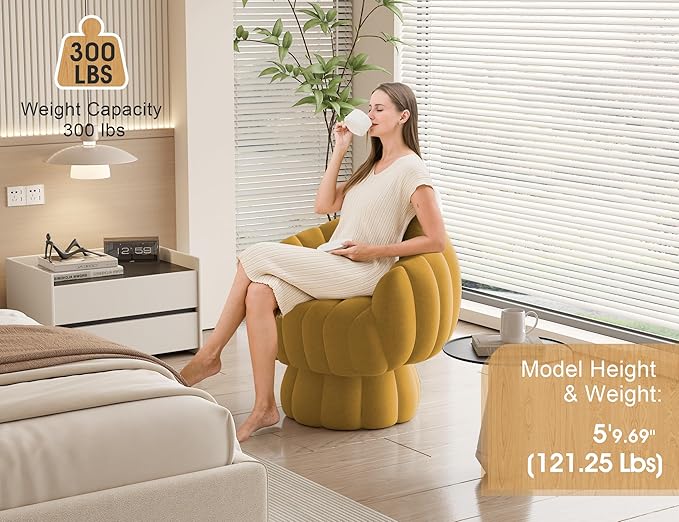 Mid Century Modern 360 Degree Barrel Swivel Accent Sofa Chair,Fluffy Velvet Fabric Lounge Wide Upholstered Pumpkin Reading Chair, Round Cloud Armchair for Living Room,Bedroom,Vanity(Mustard)