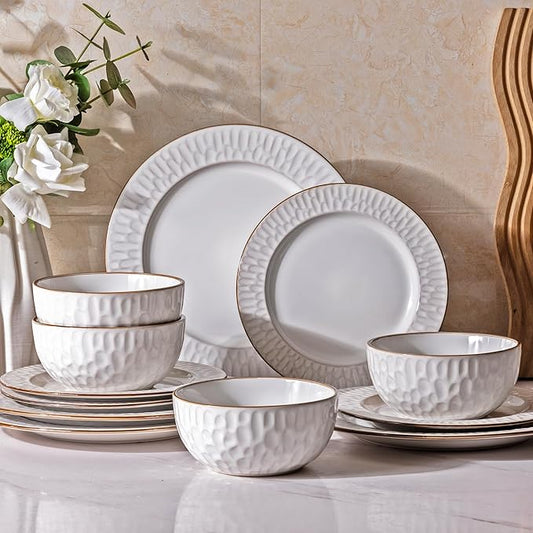 GBHOME Ceramic Dinnerware Sets,12 pcs Embossed Elegant Stoneware Plates and Bowls Sets, Housewarming Wedding Gift | Dishwasher & Microwave Safe | Dishes Set Service for 4