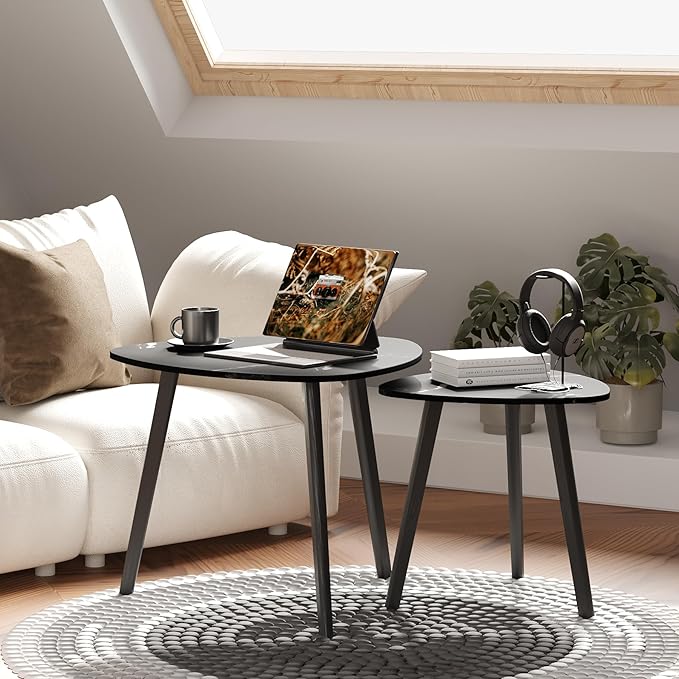 BAMEOS Bamboo Nesting Triangle End Table,Set of 2 Coffee Table Modern Minimalist Side Table for Living Room (Marble Black)