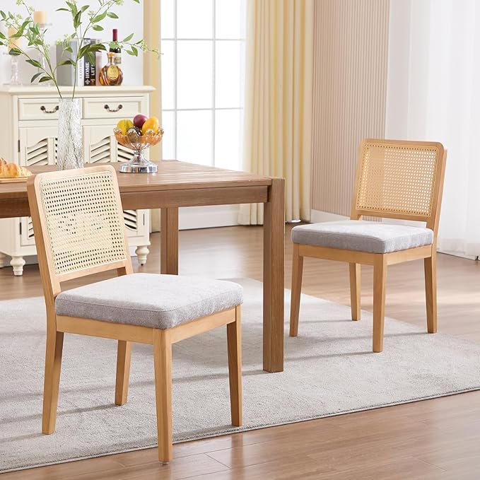 LukeAlon Farmhouse Rattan Dining Chairs Set of 4, Mid Century Modern Chenille Kitchen & Dining Chairs with Solid Wood Legs, Woven Cane Upholstered Kitchen Chairs Side Chairs for Dining Room, Grey