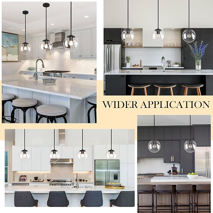 8 Inch Black Mid Century Pendant Light Globe Clear Glass Fixture Lights Kitchen Island Globe Pendant Light Mid Century Adjustable Hanging Farmhouse Lights Fixtures for Kitchen Island