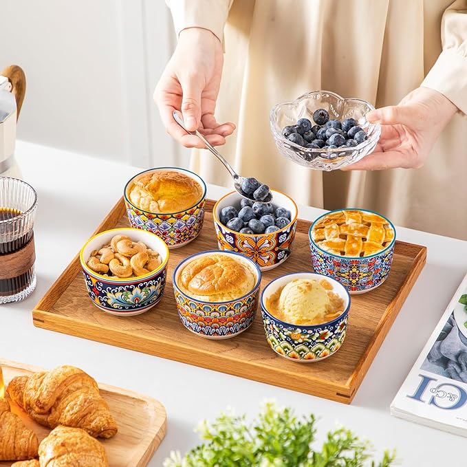 vancasso 6 Oz Ramekins Oven Safe Set of 6, Bohemian Creme Brulee Ramekins, Colorful Souffle Dishes, Pudding Custard Cups for Baking, Small Ceramic Bowls for Dipping Sauce, Ice Cream
