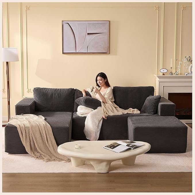 107" Boneless Couch with Deep Seat, Modular Sectional Sofa, Cloud Sectional Couch for Living Room, No Assembly Required, Corduroy, U-Shape 3 Seater Left, Gray