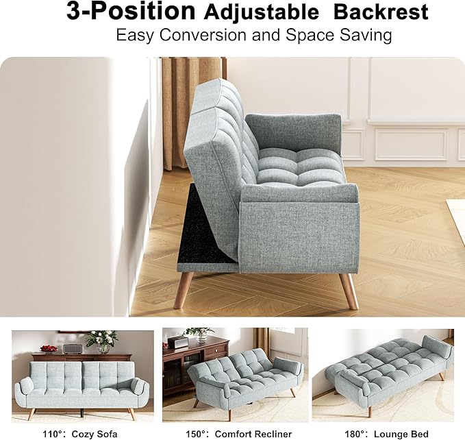 Futon Couch for Small Spaces & Apartment, 2-in-1Modern Comfy Loveseat Convertible Sofa Bed, 75.4-Inch Compact Design for Living Room, Dorms, and Studios-Grey