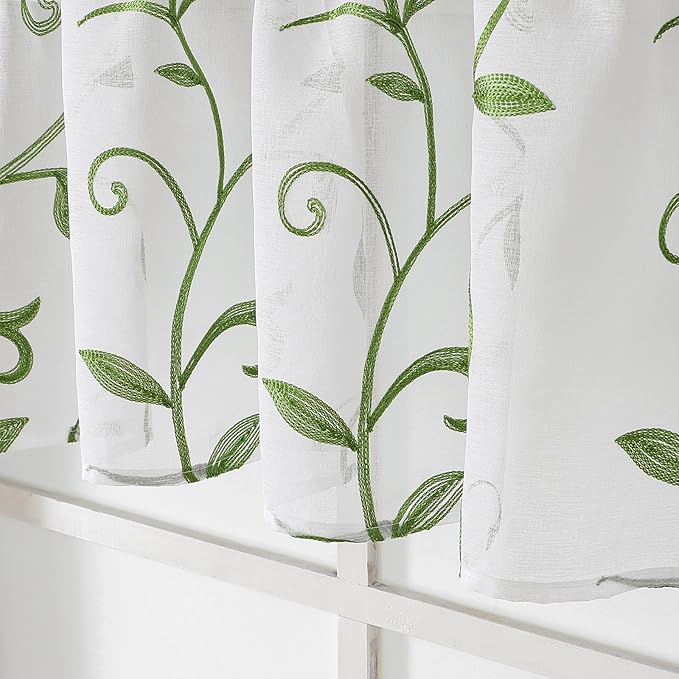 VISIONTEX White Sheer Voile Curtains, Decorative Leaves Embroidery Faux Linen Rod Pocket Window Drapes for Home Kitchen, Living Room and Bedroom 26 x 36 Inch, Set of 2 Curtain Panels