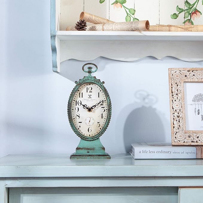 NIKKY HOME Vintage Table Clock - Battery Operated Rustic Distressed Style - Shabby Chic Home Decor for Fireplace Mantel, Shelf, Desktop, Countertop - Green