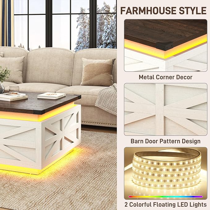 36" Farmhouse LED Lift Top Coffee Table with Storage and Power Outlets, Square Wood Living Room Tables with 2 LED Lights& Large Hidden Space, Lift Wooden Barn Door Center Table, Rustic White