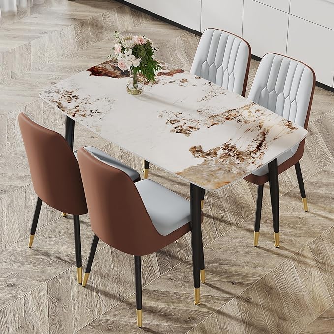 5 Pieces Modern Sintered Stone Dining Table Set 50" Rectangular Faux Marble Kitchen Table with 4 PU Leather Chair Dinner Table Set(1Faux Marble Table+4Gray and Brown Chairs)
