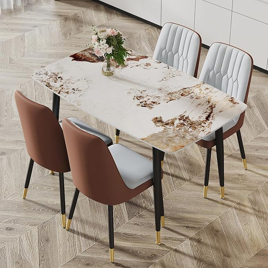 5 Pieces Modern Sintered Stone Dining Table Set 50" Rectangular Faux Marble Kitchen Table with 4 PU Leather Chair Dinner Table Set(1Faux Marble Table+4Gray and Brown Chairs)