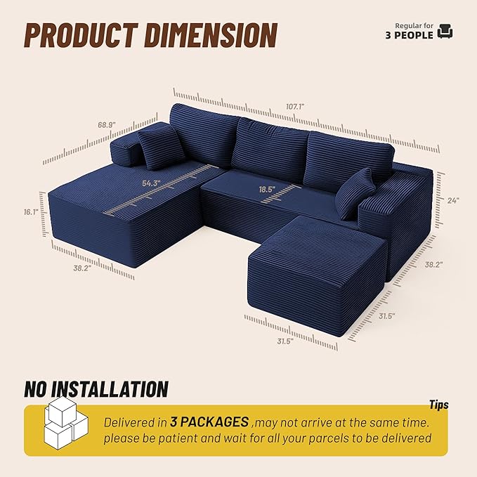 107" Boneless Couch with Deep Seat, Modular Sectional Sofa, Cloud Sectional Couch for Living Room, No Assembly Required, Corduroy, U-Shape 3 Seater Left, Blue