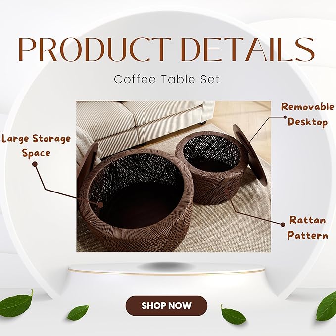 chairus Nesting Coffee Table Set of 2 Woven Round Coffee Table with Storage Solid Wood Side Table for Small Spaces, Living Room, Bedroom, Office, Dark Brown