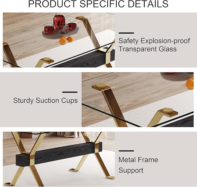 7 Piece Glass Dining Table Set, Kitchen Table Chairs Set for 6, 71'' Dining Table with 0.4" Tempered Glass Tabletop with Plated Metal Legs and MDF Crossbar, 6 PU Chairs for Dining Room, Kitchen.
