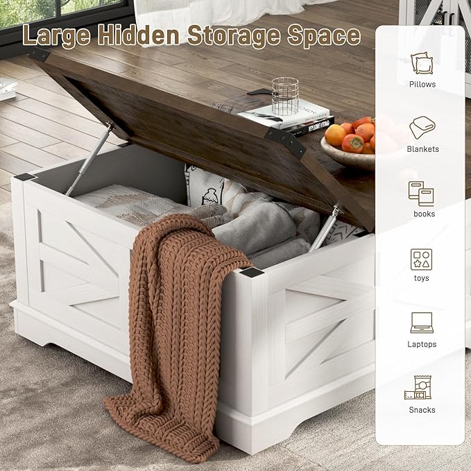 36" Farmhouse Movable Lift Top Coffee Table with Storage and Power Outlets, Square Wood Living Room Tables with Wheels&Large Hidden Space, Lift Wooden Barn Door Center Table, White