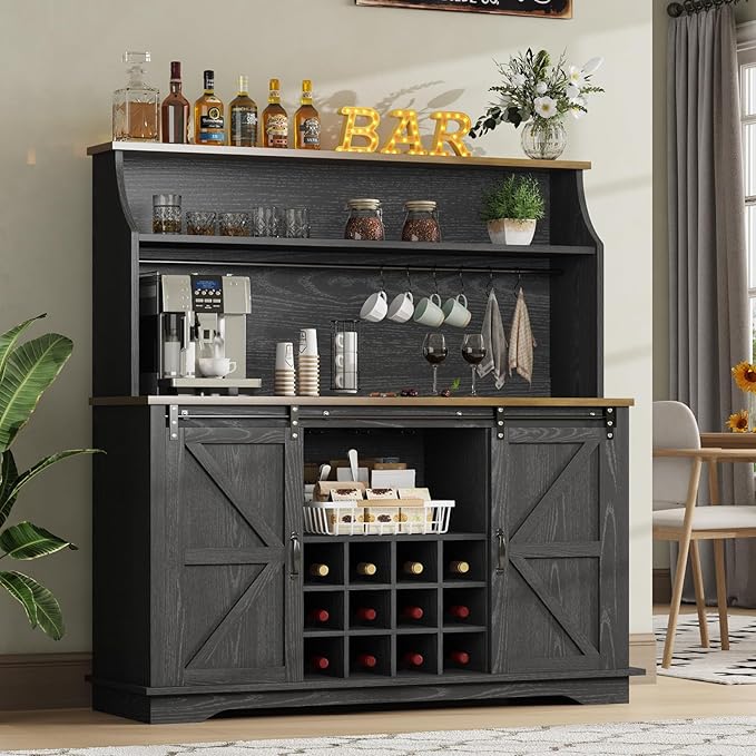 55 Inch Farmhouse Coffee Bar Cabinet with 3-Tier Storage, Kitchen Hutch with 12 Wine Racks & 3 Glass Holders, Coffee Bar with 6 Hooks, Wine Bar Cabinet for Dining Living Room, Black
