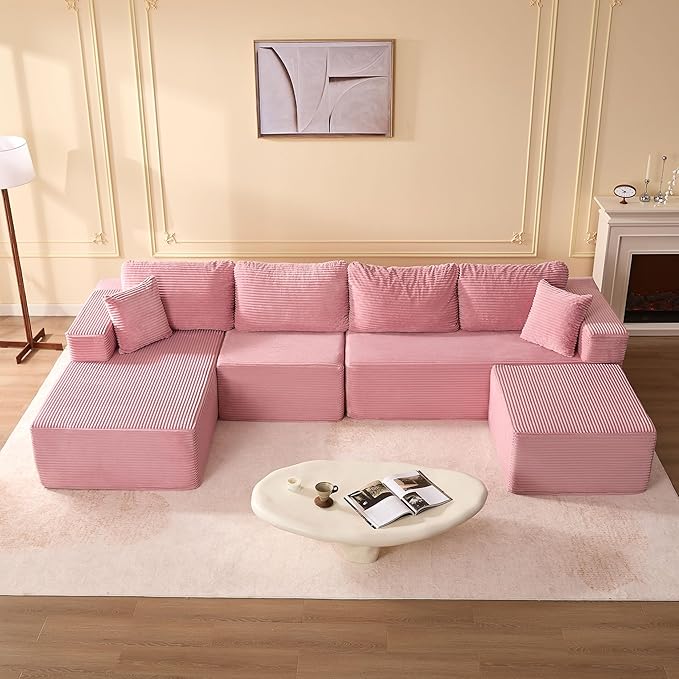 138" Boneless Couch with Deep Seat, Modular Sectional Sofa, Cloud Sectional Couch for Living Room, No Assembly Required, Corduroy, U-Shape 4 Seater Left, Pink
