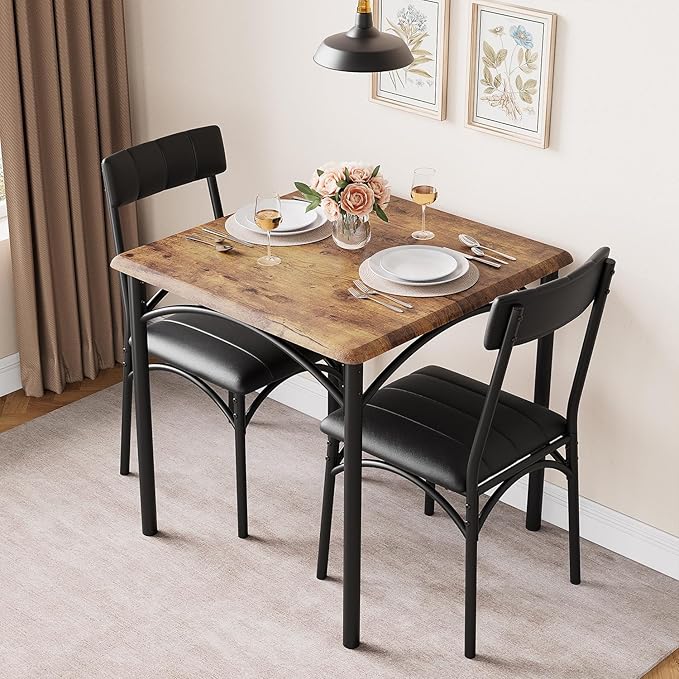 GAOMON Dining Table Set for 2, Kitchen Table with Upholstered Chairs for 2, Small Dining Room Table Set, Square Kitchen Table Set for Small Space, Apartment, Home, Studio, Rustic Brown