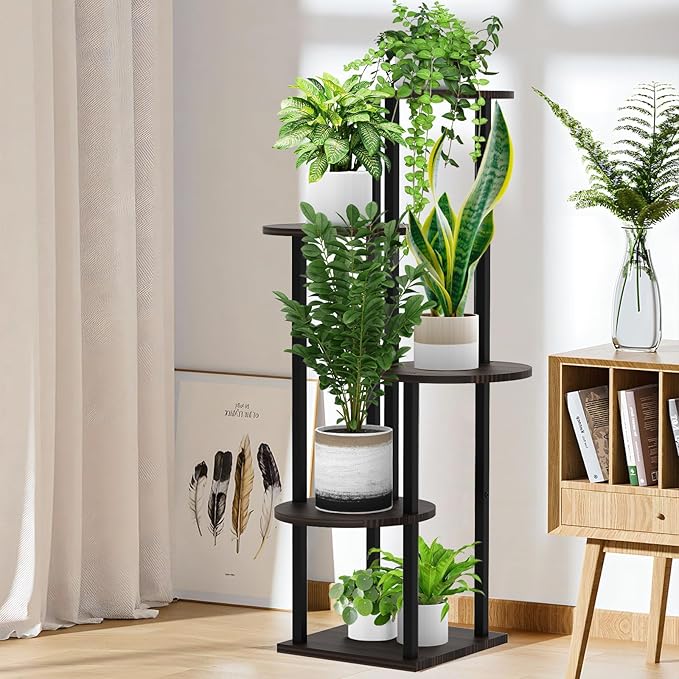 5 Tier Wood Tall Plant Stand Metal Rack Indoor, Multiple Flower Pot Holder Shelves Corner Rack, Round Planter Shelf Display Rack Storage Organizer for Patio Living Room Balcony(Black Oak)