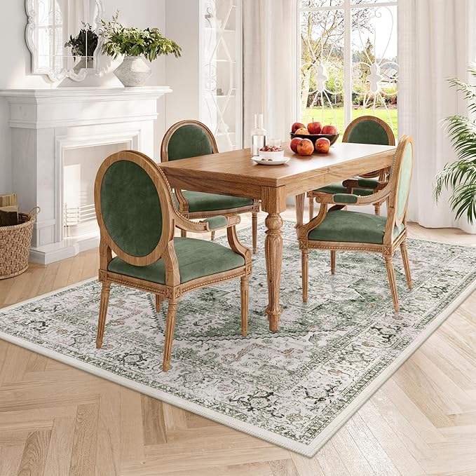 LIVEBOX 6x9 Sage Green Rug for Living Room- Large Oriental Rug for Bedroom, Non-Slip Retro Dining Room Rugs for Under Table, Low-Pile Soft Vintage Rugs for Office Guest Room