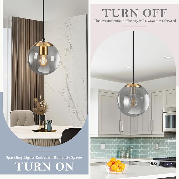 KoKo&Yukina 6 Inch Globe Pendant Light Gold Globe Pendant Lights Kitchen Island Mid Century Light Fixture with Grey Glass Shade for Dining Room