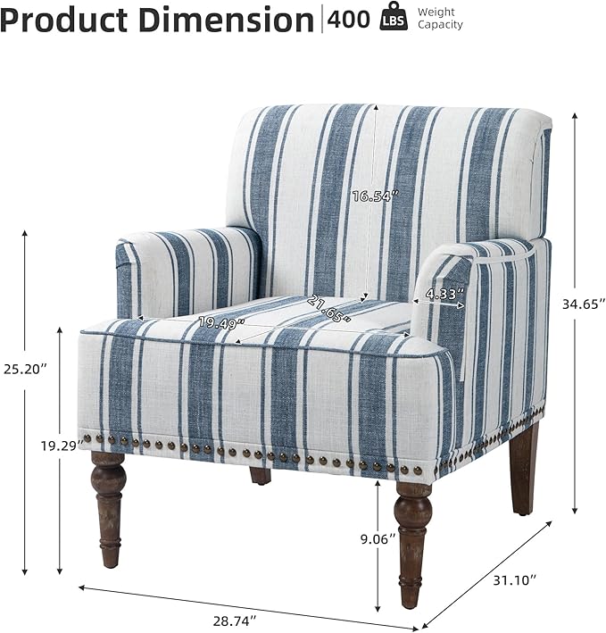 Modern Accent Chair with Arms,Mid Century Stripe Armchair for Living Room,Comfy Linen Fabric Single Sofa for Apartment Bedroom,Comfortable Cushioned Seat for Reading Home Office-Dark Blue Stripe