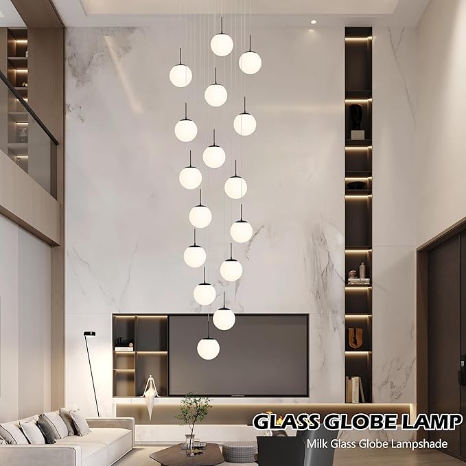 KoKo&Yukina 16-Light Black Mid Century Modern Chandelier for Living Room Staircase Chandelier for Entryway Globe Milky White Glass Pendant Light High Ceiling Chandeliers Foyer (Bulb & Remote Incl.)