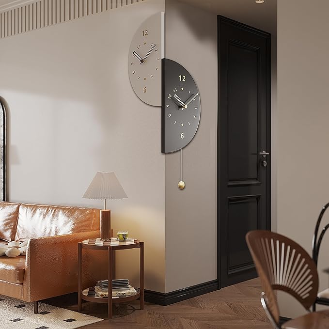 Wall Clock 17.7 Inch Double Sided - Modern Battery Operated with Pendulum, Unique Angle Corner Mounted Decorative Clock for Bedroom Living Room Office