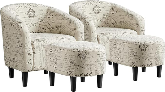 Yaheetech Accent Chair with Foot Rest, Mid Century Modern Upholstered Soft Barrel Chair, Comfy Fabric Armchair and Footrest Set for Living Room/Bedroom/Reading Room, Set of 2 Letter Print
