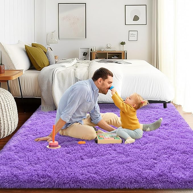 4x6 Area Rug for Bedroom, Purple Rugs for Living Room Nursery Kids Room Dorm Home Decor Aesthetic, Fluffy Shaggy Rug with 4 Anti-Slip Carpet Tapes