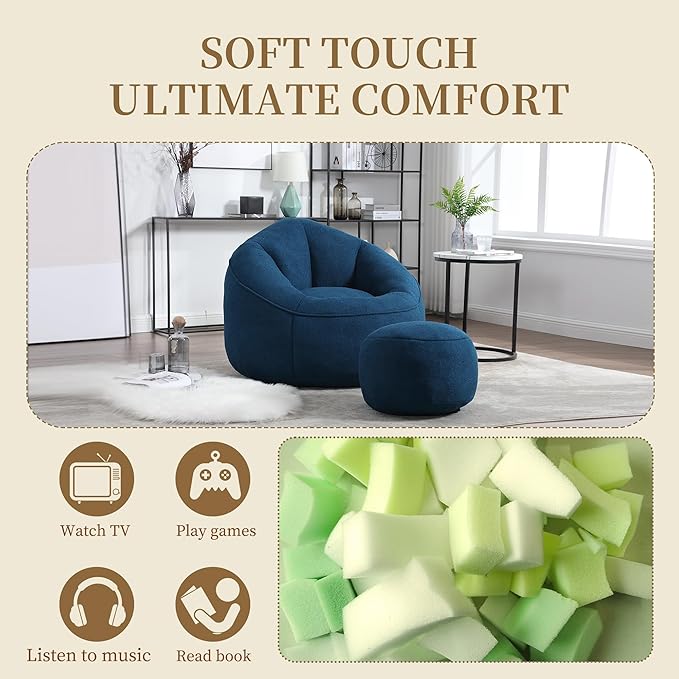 Bean Bag Sofa Chair with Foam Padded Velvet Bean Bag Chair with Soft Foam Padded Ottoman