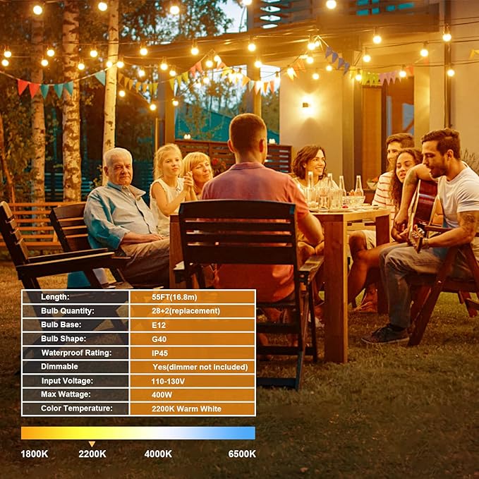 OHLUX Outdoor String Lights, 55FT Shatterproof LED Patio Lights with 26 Dimmable Plastic G40 Bulbs, 2200K Waterproof Connectable Hanging String for Backyard, Cafe, Porch, Deck, E12 Base