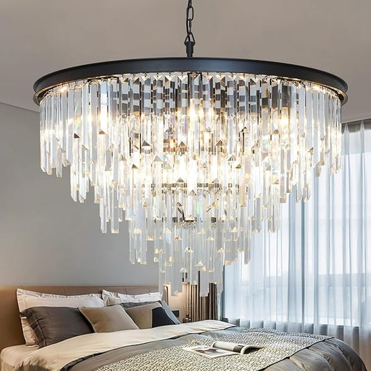 31'' Modern Crystal Chandelier, Black Round Ceiling Light with Clear Prisms, Luxury Flush Mount Lighting Fixture for Dining Room Bedroom Foyer