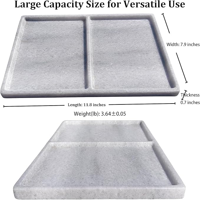 10"x8" Natural Marble Decorative Tray – Dual‑Compartment Stone Vanity Organizer for Jewelry, Keys & Soap – Premium Heat‑Resistant Bathroom Decor Gift(Belken White)