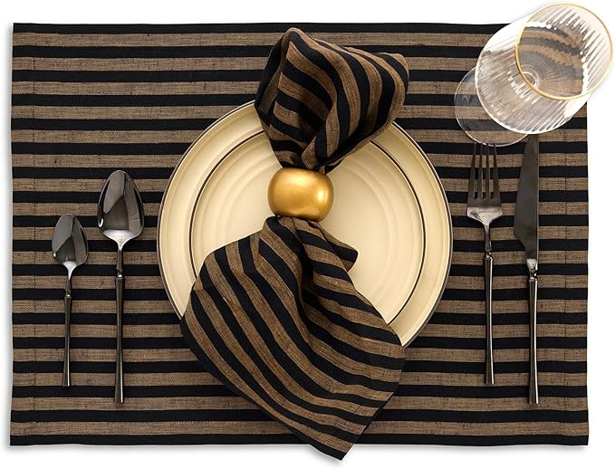 Solino Home Linen Napkins Set of 4-100% Pure Linen Amalfi Stripe Brown Sugar and Black Cloth Dinner Napkins 20 x 20 Inch for Fall, Autumn, Thanksgiving - Handcrafted and Machine Washable