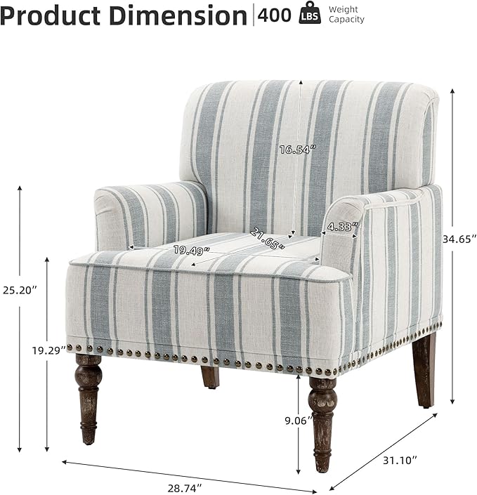 Modern Accent Chair with Arms,2 Set Mid Century Stripe Armchair for Living Room,Comfy Linen Fabric Single Sofa for Apartment Bedroom,Comfortable Cushioned Seat for Reading Home Office-Blue Stripe