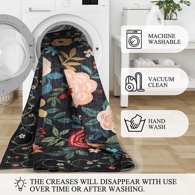 DUKINO 3x4 Area Rug, Lightweight Non Slip Washable Floral Rug, Indoor Low Pile & Non-Shedding Boho Design Carpets for Bedroom, Kitchen, Dining Room, Black