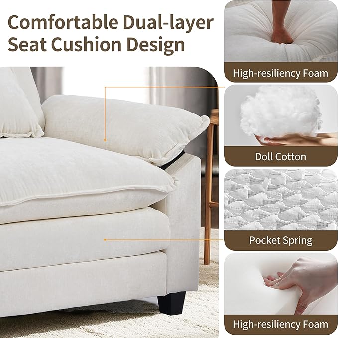 SweetGO corporation 45" Chenille Lounge Chair for Reading, Modern Couch Cozy Sofa Bed, Upholstered Living Room Single Sofa Accent Chair with Ottoman, Beige