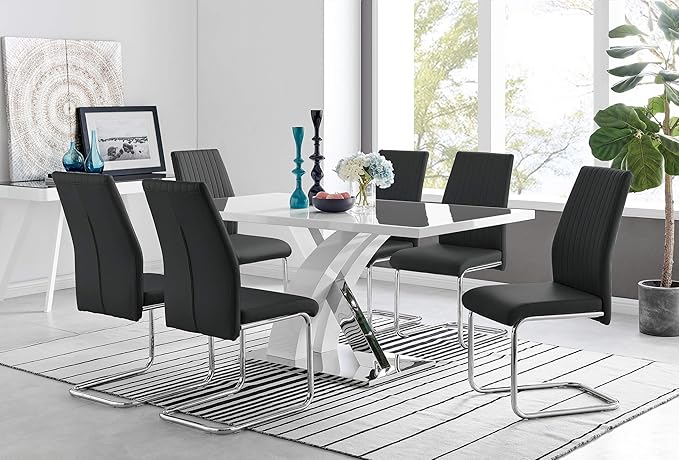 Atlanta Modern Rectangle Chrome Metal High Gloss White Dining Table and 6 Black Lorenzo Chairs Set