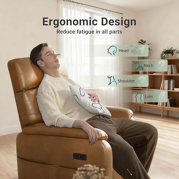 Overized Power Swivel Rocker Recliner Chair,PU Leather Sofa Reclining for Adults,Adjustable Rocker Reclining Sofa Lounge with USB&Type-C Ports,Side Pocket,for Living Room,Light Brown