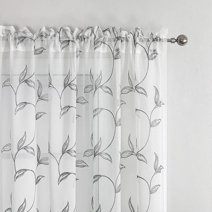 VISIONTEX Sheer Curtains 63 Inch Length 2 Panels, Decor Iron Grey Vine Leaves Embroidery on White Voile Pair, Accent Semi Window Drapes for Kitchen, Living Room and Bedroom, 54" W x 63" L
