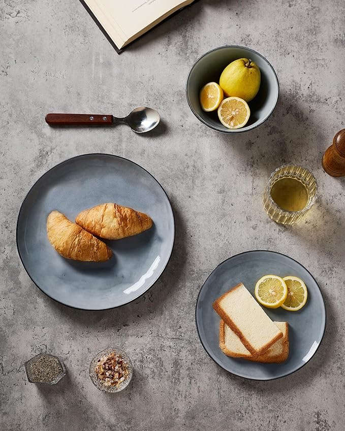 Famiware Dinnerware Sets for 4, Ocean Round 12-Piece Kitchen Plates and Bowls Sets, Reactive Glaze, Microwave and Dishwasher Safe, Scratch Resistant, Grey