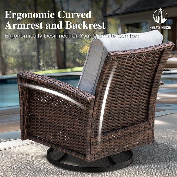 High Back Outdoor Swivel Chairs with 5.5" Thick Cushions, Wicker Rattan Patio Chairs Set of 2, Porch Deck Balcony Backyard Furniture, Grey