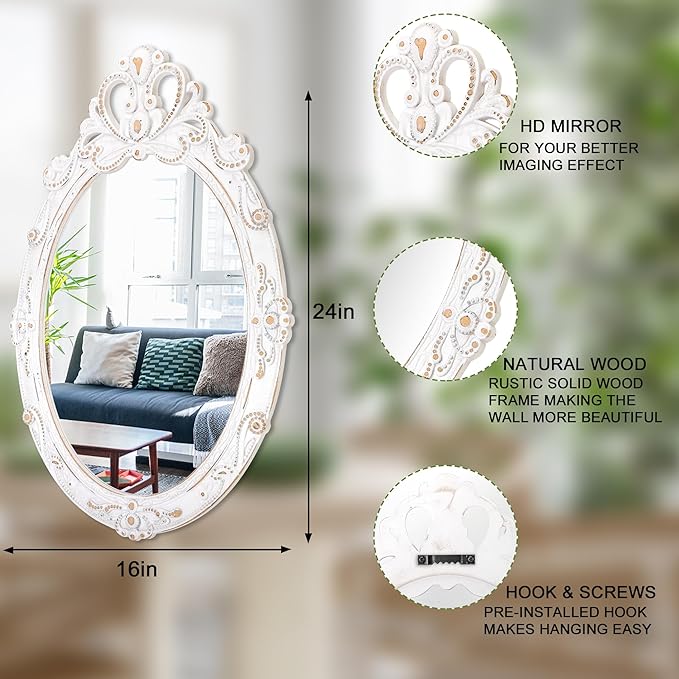 White Oval Wood Mirror for Wall Vintage Framed Hanging Bedroom Wall Mirror Rustic Bathroom Mirrors Wall Mirrors Decorative for Home Vanity Living Room Entryway 24"x16"